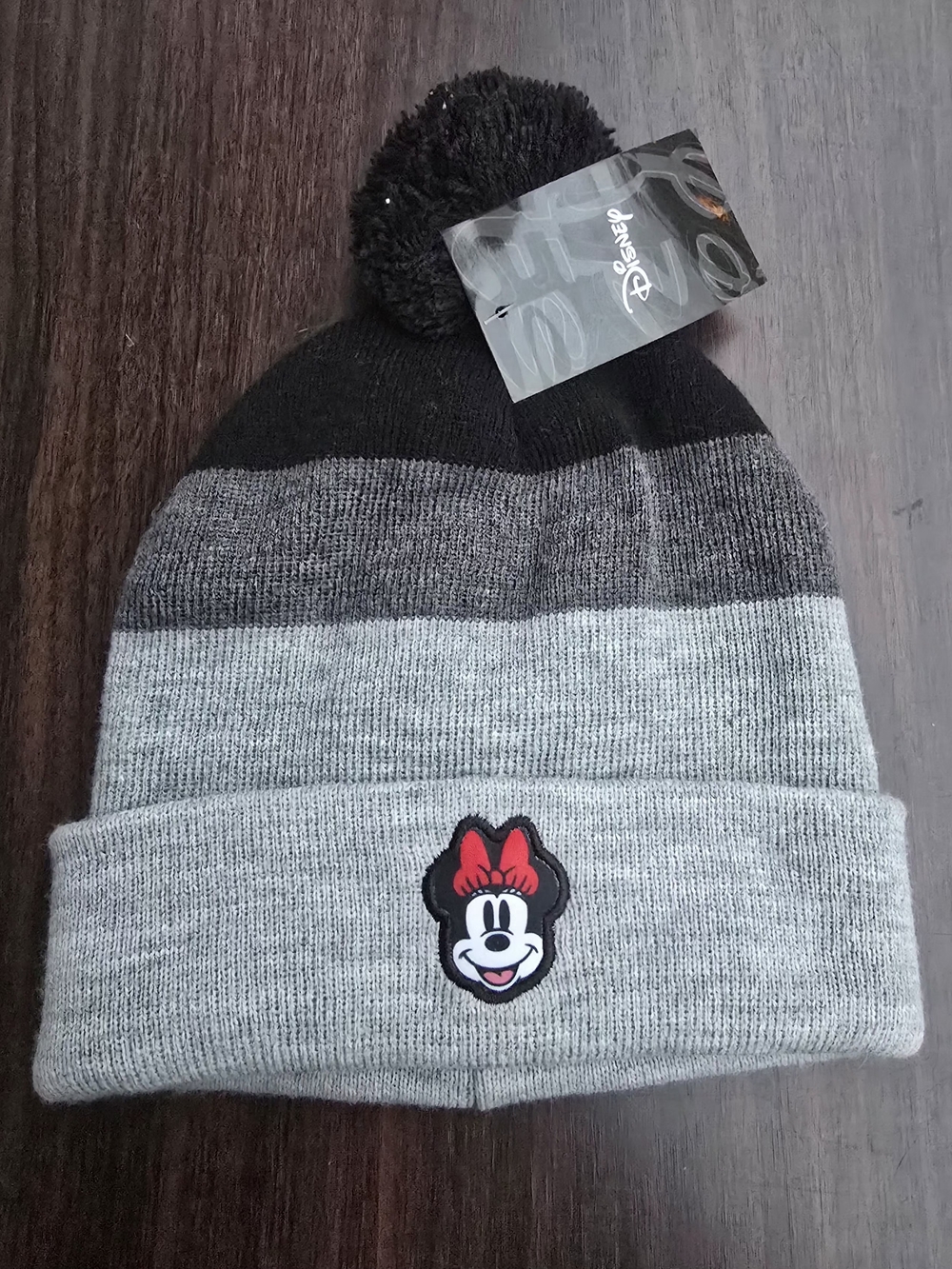 Disney Kids Minnie Mouse Fold-Over Beanie in Black & Gray with Pom